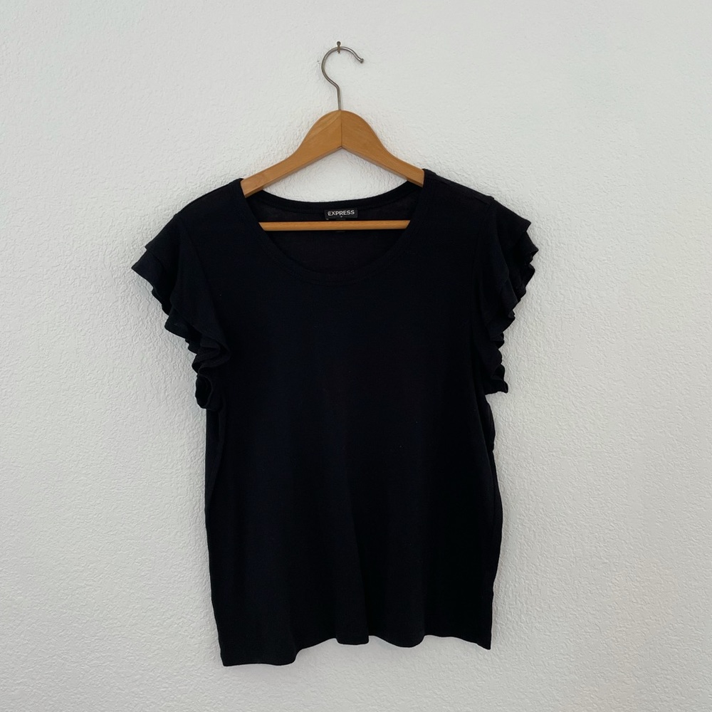Express Ruffle Sleeve Black Top, Medium